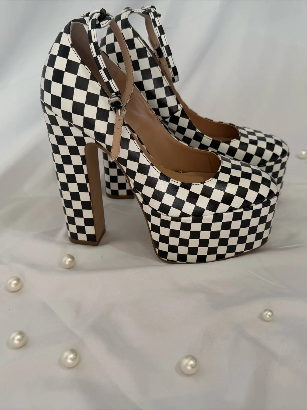 Steve Madden Black and White Checkerboard Platform Pumps with Ankle Strap